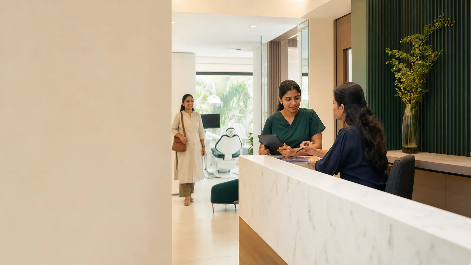 Contemporary independent Indian dental clinic reception and care environment
