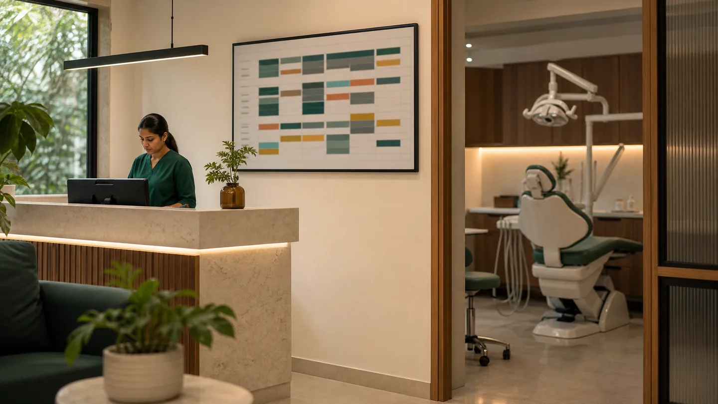 Appointment scheduling के common mistakes और better fixes: a balanced clinic timetable beside a calm reception and ready treatment room, with no readable patient names.