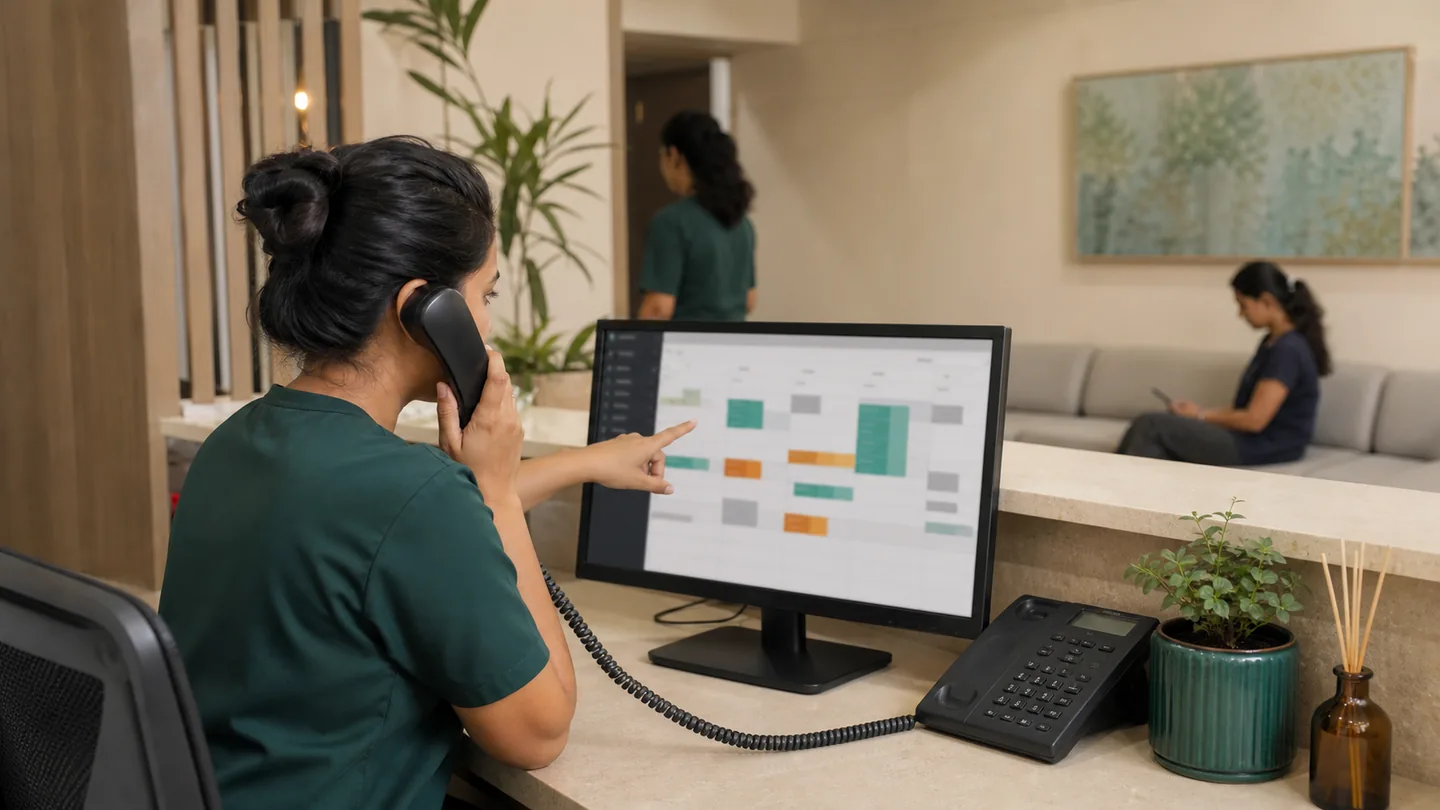 Appointment scheduling के common mistakes और better fixes: a receptionist matching procedure duration, room readiness and assistant availability on a visual schedule.