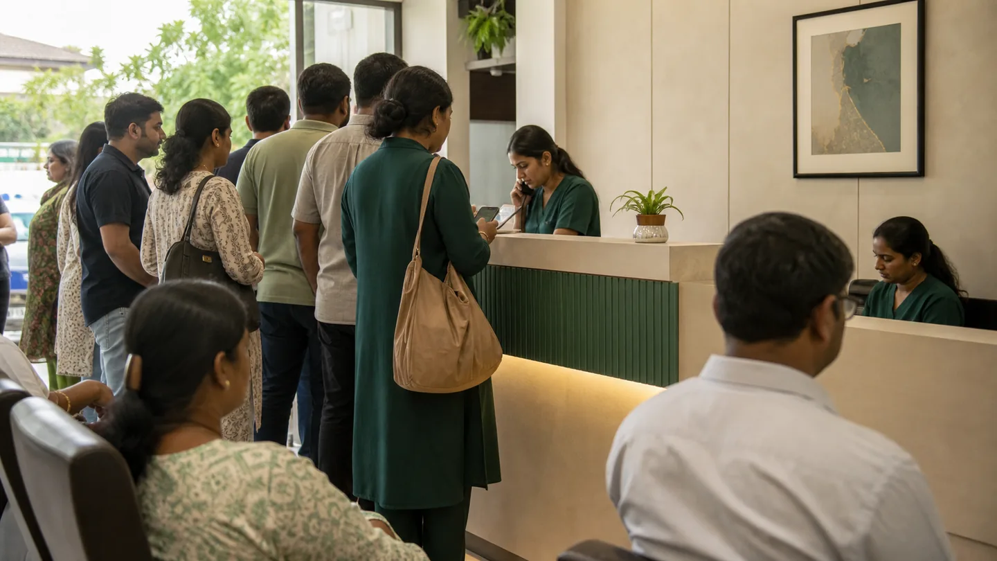 Appointment scheduling के common mistakes और better fixes: a waiting-room bottleneck with several anonymous patients arriving close together and staff managing pressure calmly.
