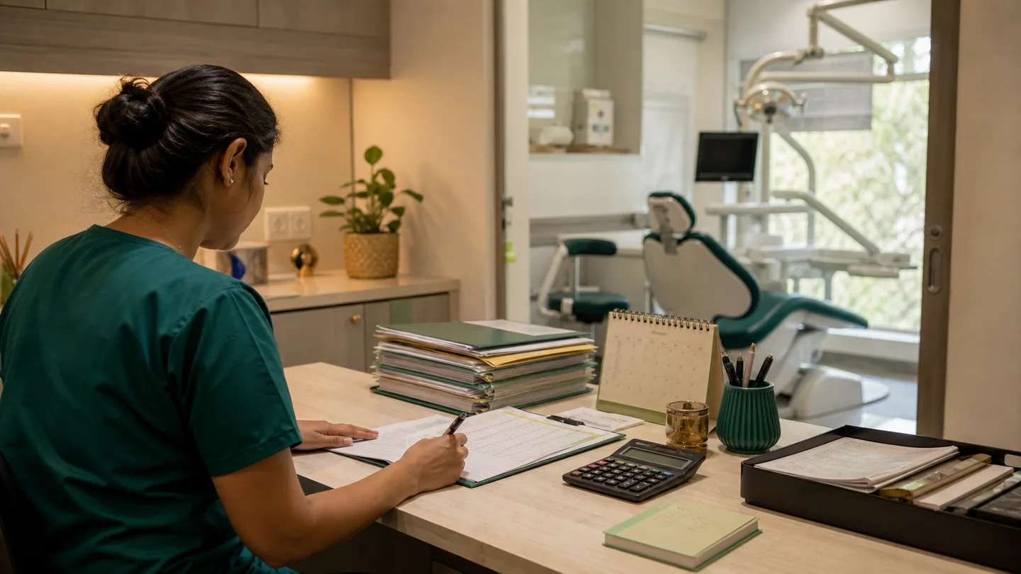 Dental Clinic Finance: Income, Pricing and Expense Basics: a disciplined month-end review desk with organised folders, calculator, calendar and softly lit treatment room beyond.