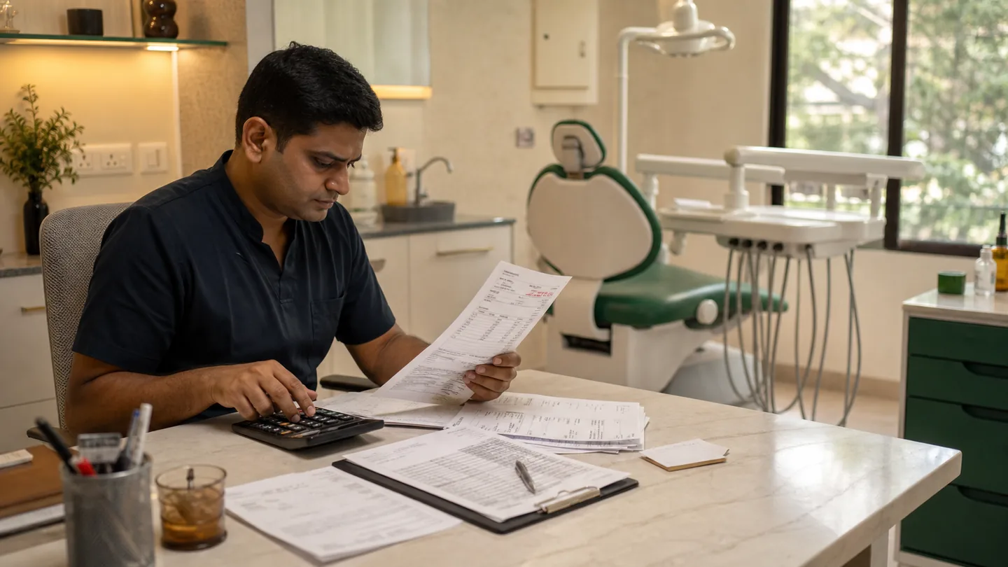 Clinic administrator reviewing practical financial records