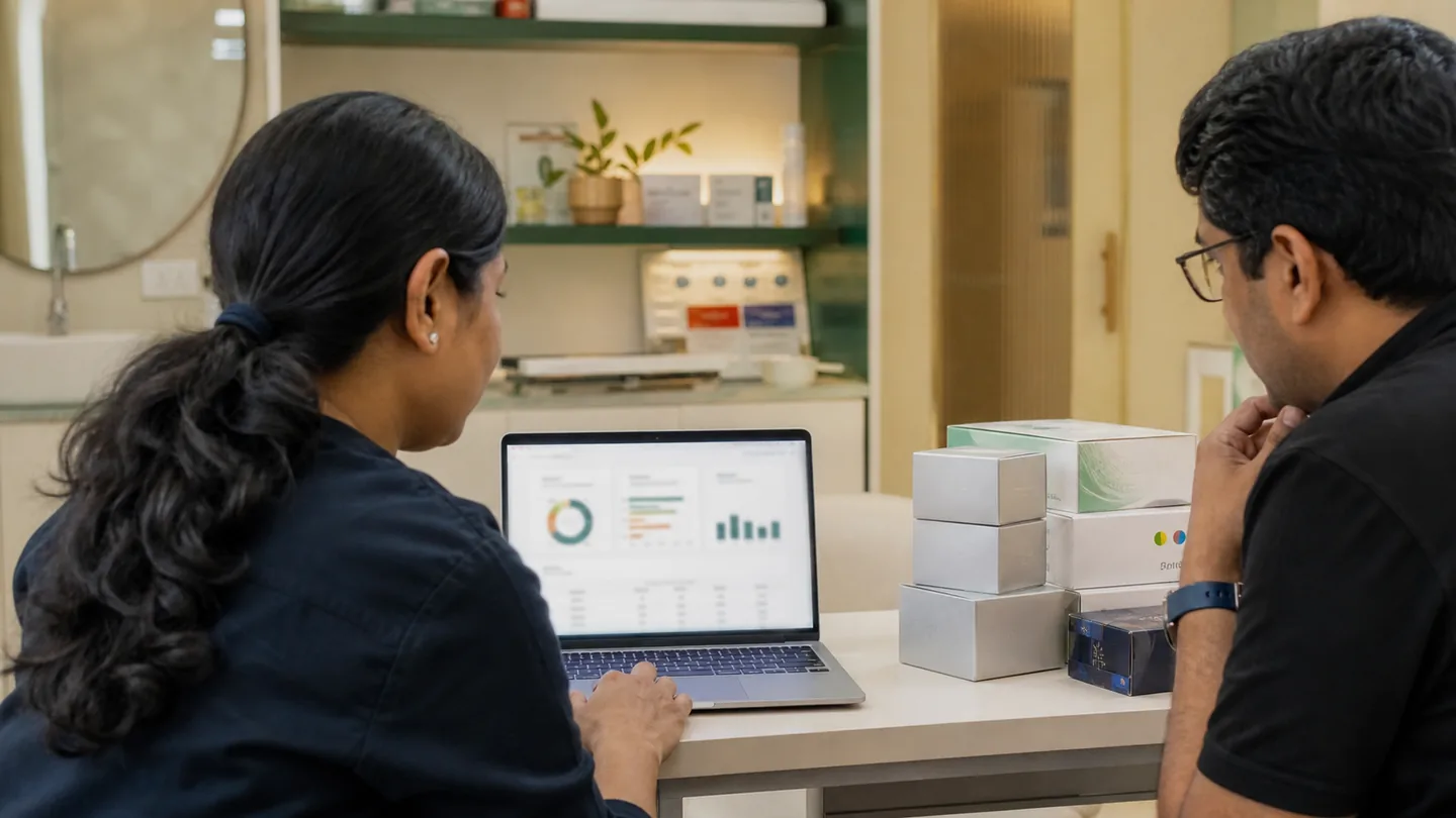 Dental Clinic Finance: Income, Pricing and Expense Basics: two anonymous clinic team members reviewing an expense-category dashboard on a laptop beside sealed dental material boxes.