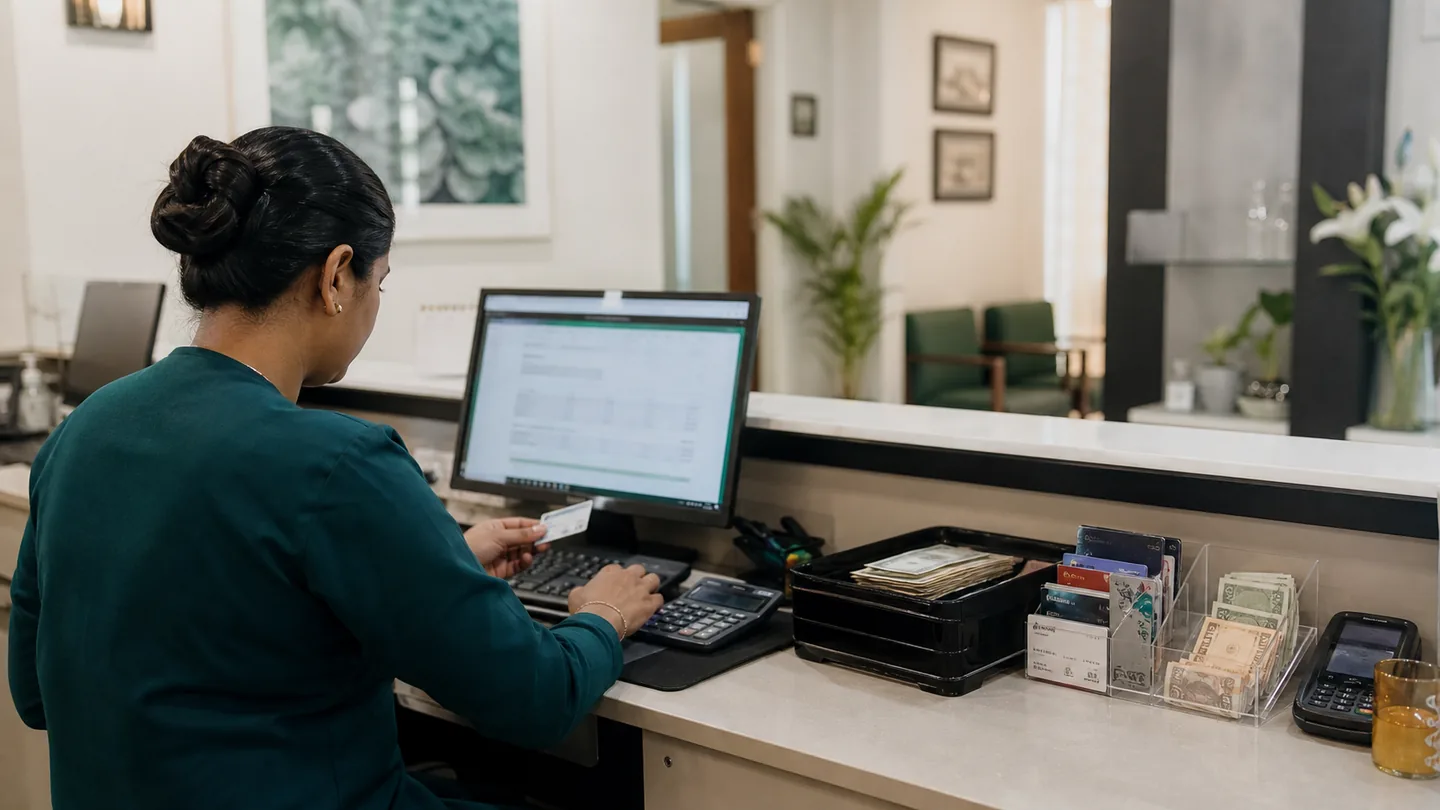 Dental Clinic Finance: Income, Pricing and Expense Basics: a front-desk professional reconciling card, cash and digital payment entries after clinic hours, with no readable personal data.
