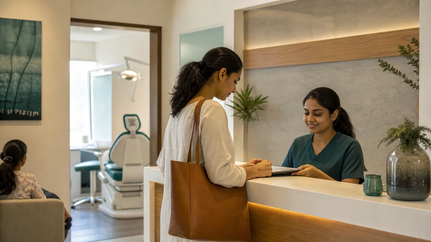 Clinic income कैसे बढ़ाएँ: systems-first approach: an efficient clinic day with prepared chair, confirmed patient and clear next appointment, avoiding money imagery.