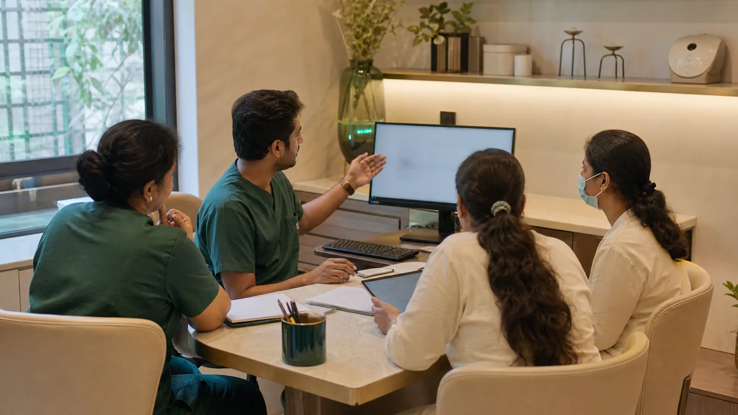 Clinic income कैसे बढ़ाएँ: systems-first approach: a team comparing capacity, collections and recall actions during a practical weekly review.