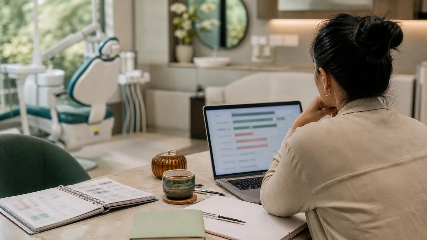 Clinic income कैसे बढ़ाएँ: systems-first approach: a clinic owner reviewing low chair utilisation and incomplete follow-up beside an uneven appointment diary.