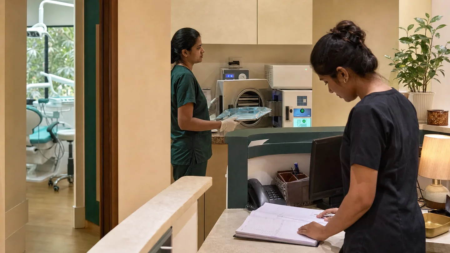 Dental Clinic Management: A Practical Operations Guide: an orderly closing routine with sterilisation handoff, reception checklist and tomorrow's schedule being reviewed.