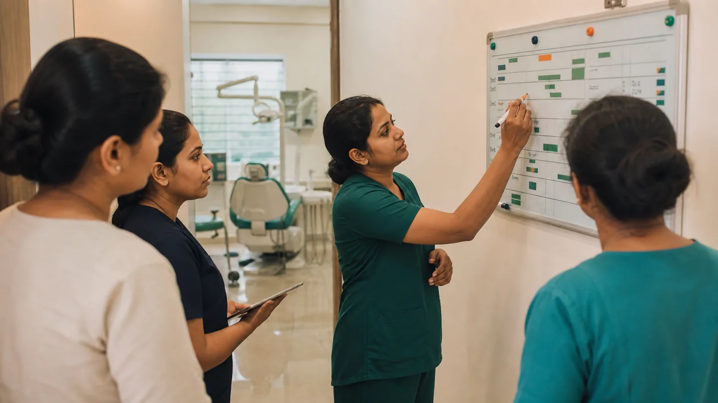 Dental Clinic Management: A Practical Operations Guide: a dental assistant using a simple wall-mounted daily operations board during a short team huddle.