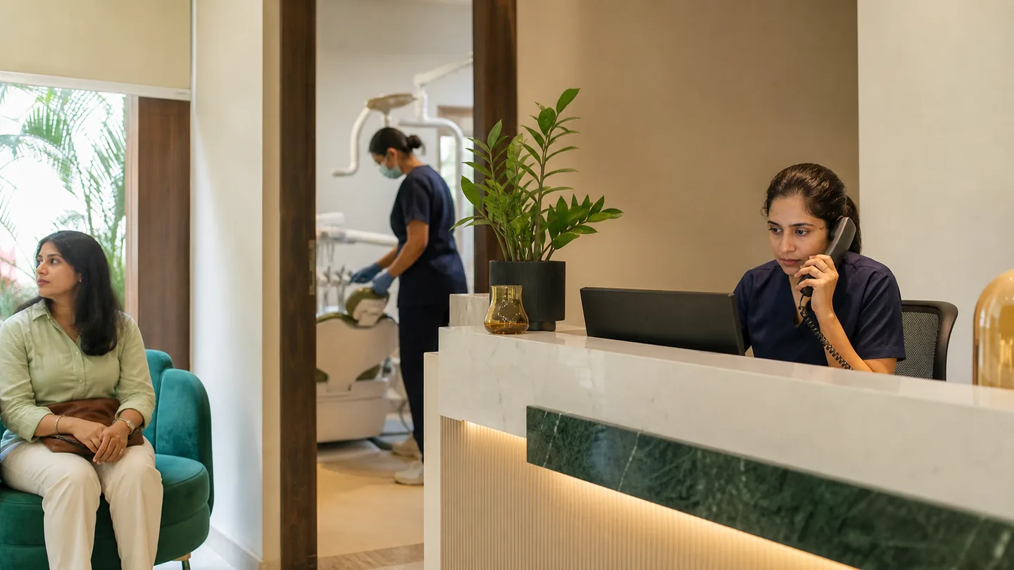 Dental Clinic Management: A Practical Operations Guide: a receptionist handling a phone enquiry while a patient waits and an assistant checks room readiness, showing realistic workflow pressure.