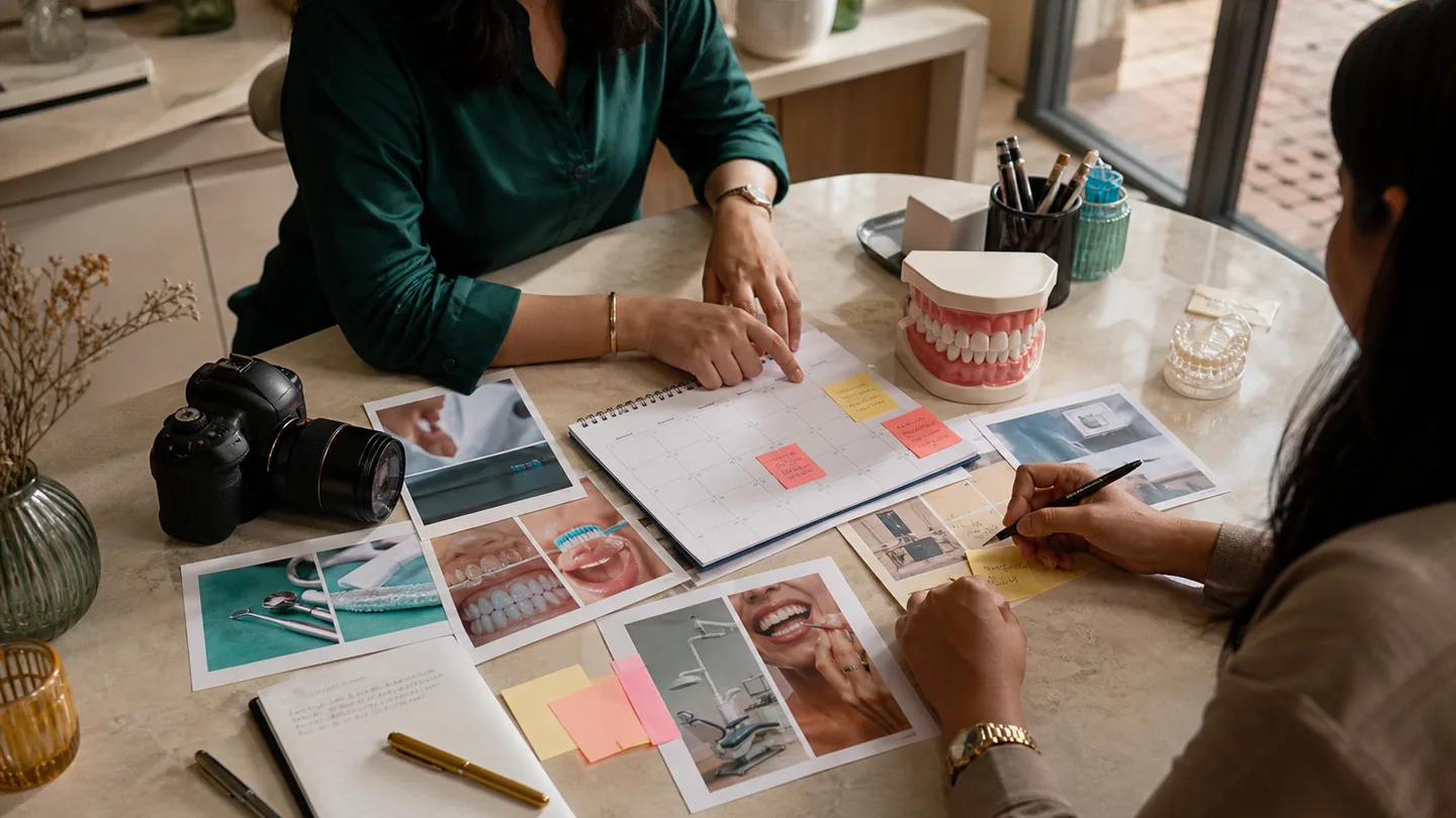 Dental Marketing for Independent Practices: A Practical Guide: a content planning session at a dental clinic desk with camera, treatment-education props and a simple editorial calendar.
