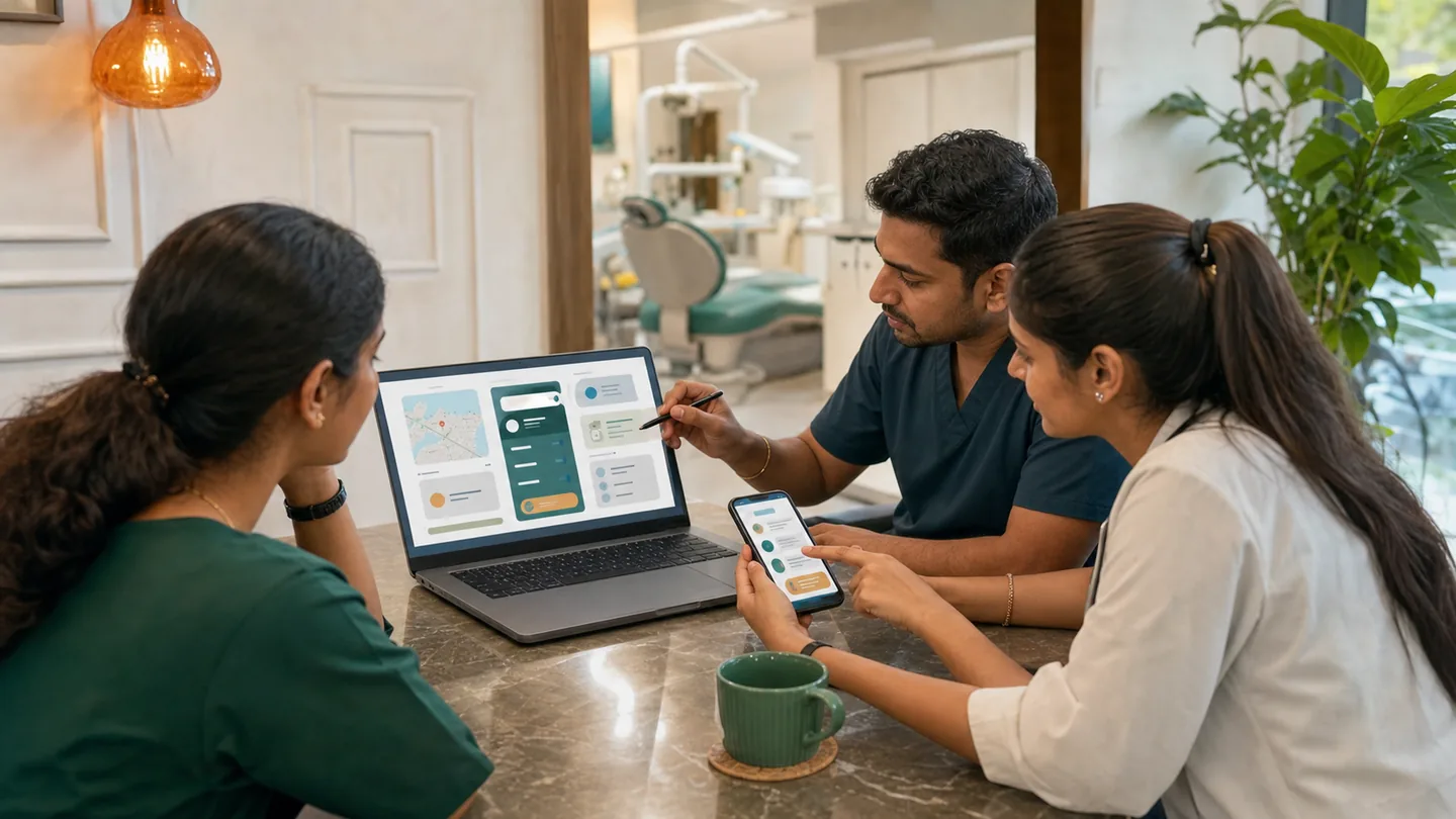 Dental Marketing for Independent Practices: A Practical Guide: a clinic team reviewing inconsistent website, map and social presence across laptop and phone without visible brand names.