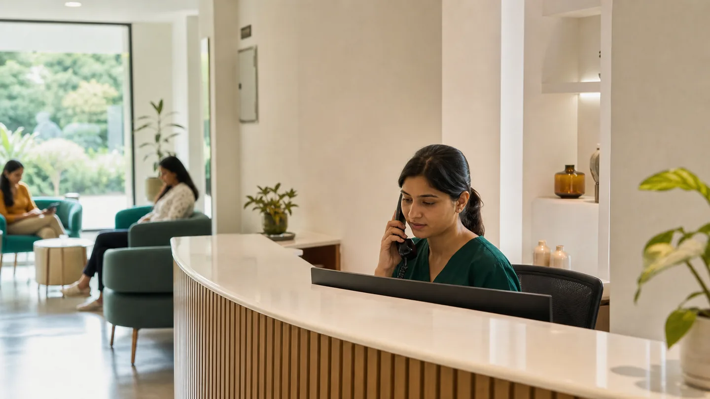 Dental clinic की online presence कैसे बनाएँ: a clear mobile clinic page leading to a phone enquiry answered at reception.