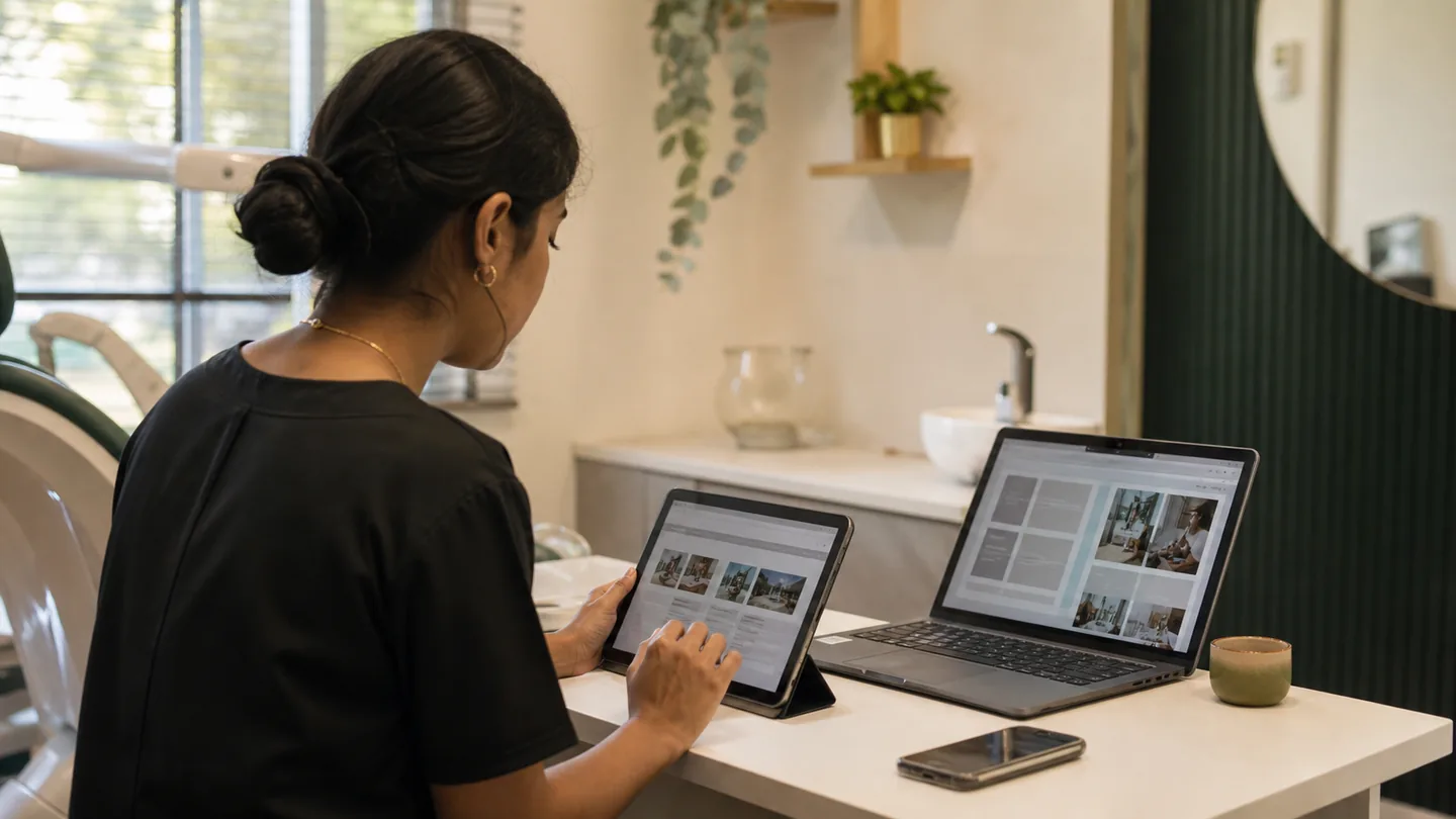 Dental clinic की online presence कैसे बनाएँ: a clinic staff member updating accurate services, hours and photographs across devices.