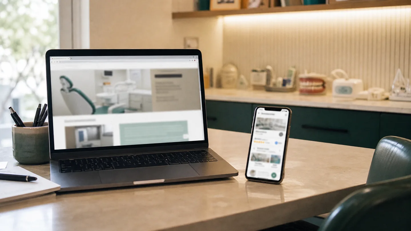 Dental clinic की online presence कैसे बनाएँ: an outdated clinic web page on a laptop beside a mismatched phone listing, without real brand names.