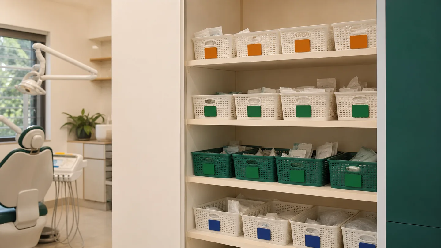 Clinic expenses control कैसे करें: practical monthly system: a lean organised inventory shelf with a monthly review clipboard and controlled reorder levels.