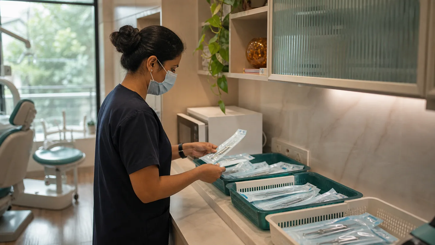 Clinic expenses control कैसे करें: practical monthly system: a staff member counting sealed dental supplies into clearly separated usage categories.