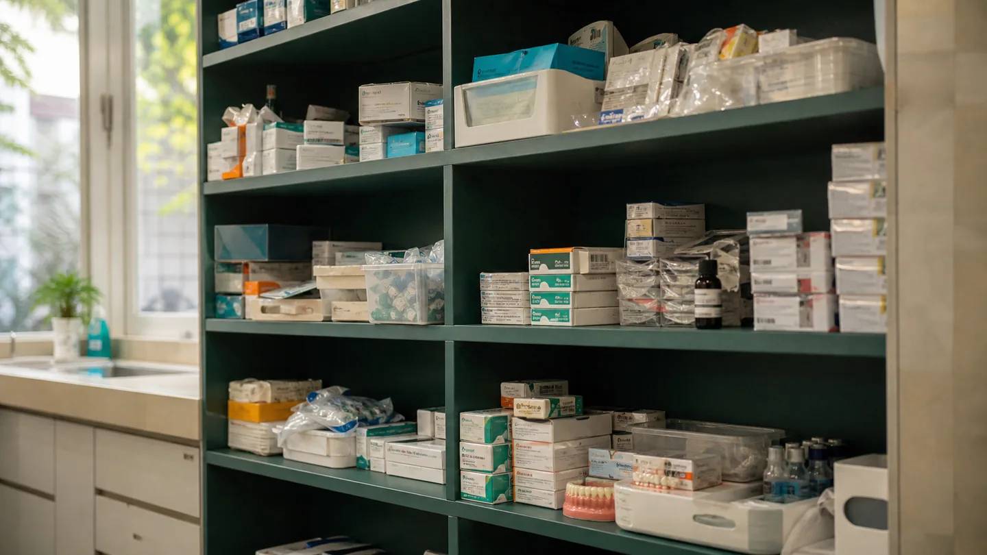Clinic expenses control कैसे करें: practical monthly system: an untidy supply shelf with duplicate purchases and approaching-expiry packages, no readable brands.