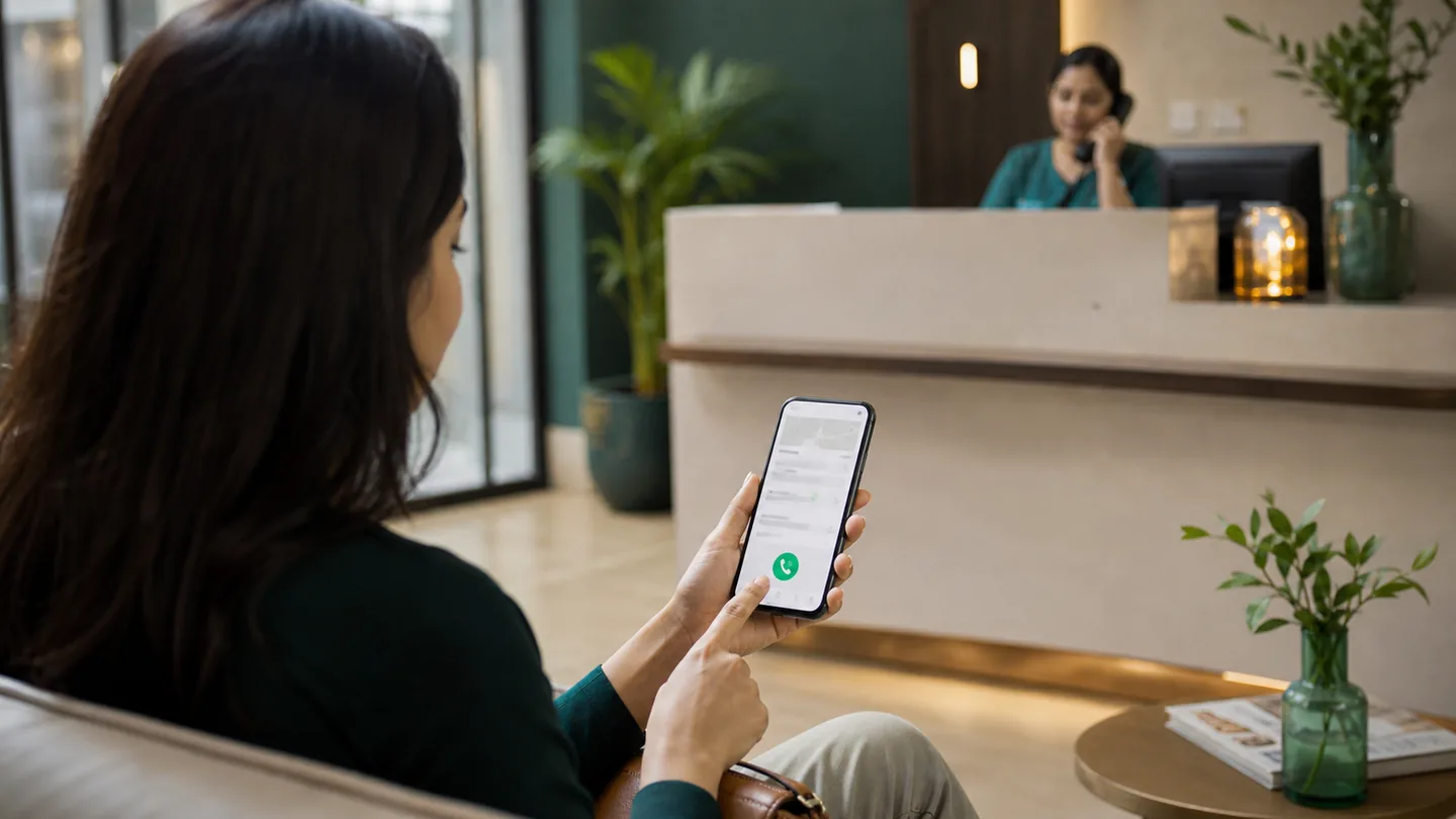 Google Business Profile checklist for dental clinics: a patient tapping a call action from a clean local search result while the clinic front desk answers.