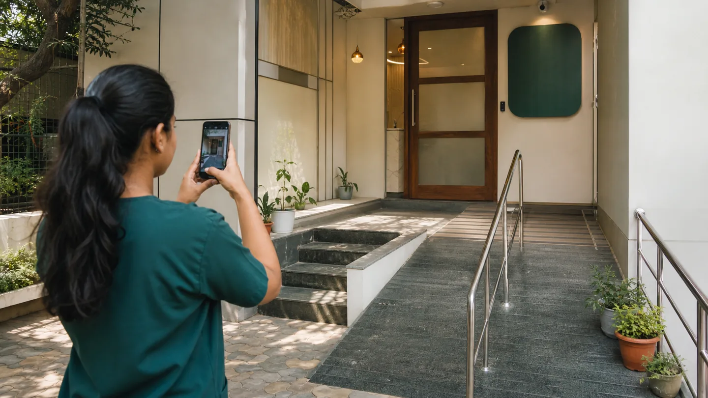 Google Business Profile checklist for dental clinics: a staff member photographing the real clinic entrance and accessibility details for an accurate local profile.