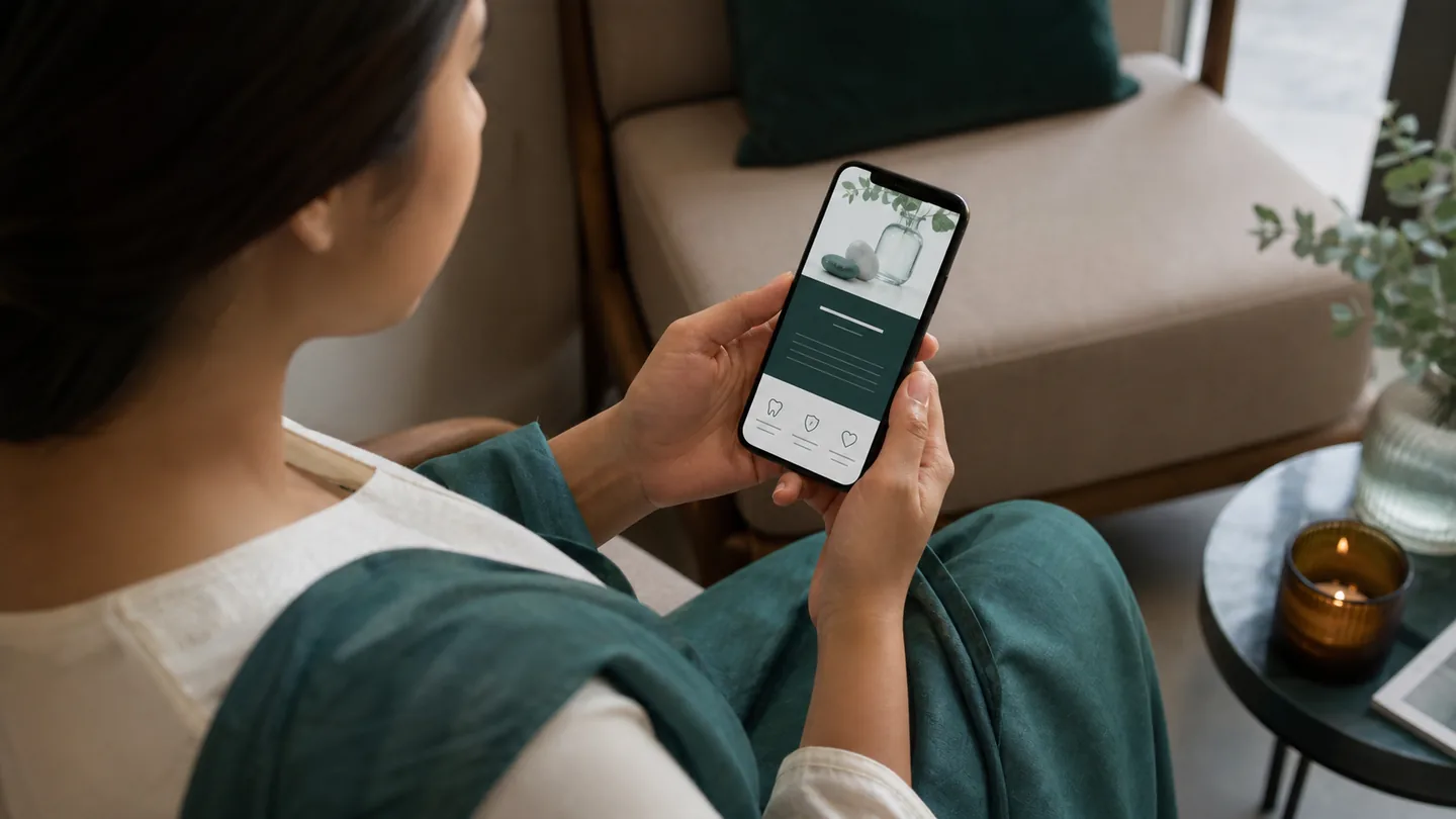 Instagram content ideas: dentists के लिए practical content system: a polished but anonymous clinic education post being reviewed on a phone, with no logos or patient imagery.