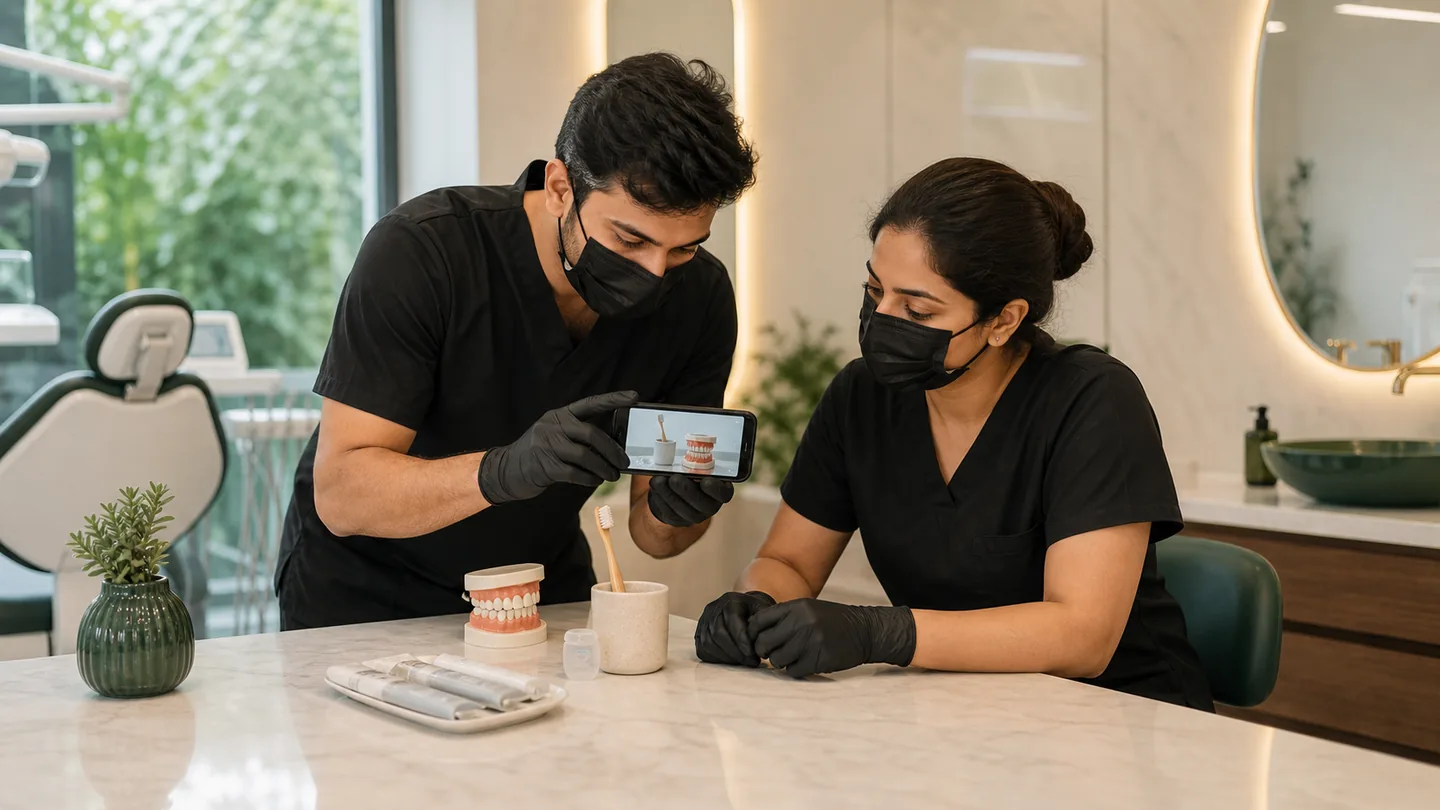 Instagram content ideas: dentists के लिए practical content system: an Indian clinic team creating an educational smartphone photo of dental-care props in a bright consultation area.