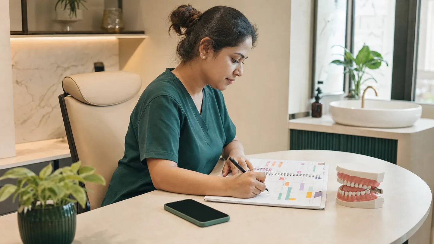 Instagram content ideas: dentists के लिए practical content system: a staff member arranging a weekly educational content calendar beside a smartphone and model teeth.