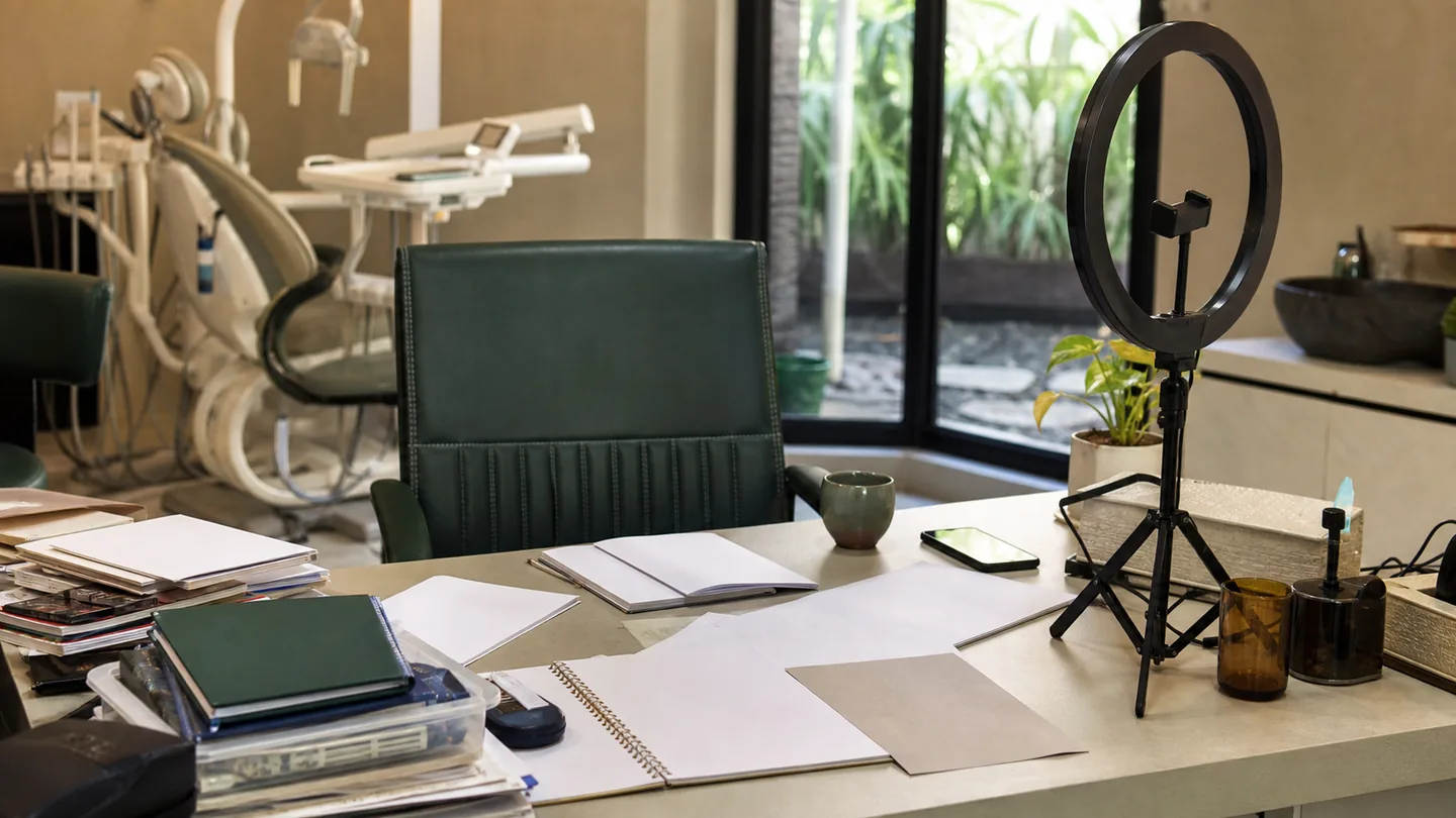 Instagram content ideas: dentists के लिए practical content system: a cluttered desk with inconsistent content ideas, unused ring light and scattered notes inside a clinic office.