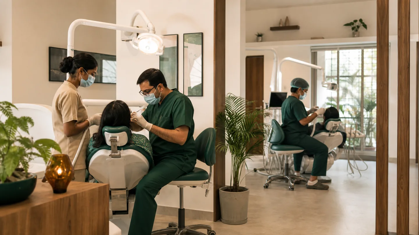 Solo dentist से multi-chair clinic तक: expansion readiness: two well-prepared operatories functioning calmly with clear support roles and no visible patient data.