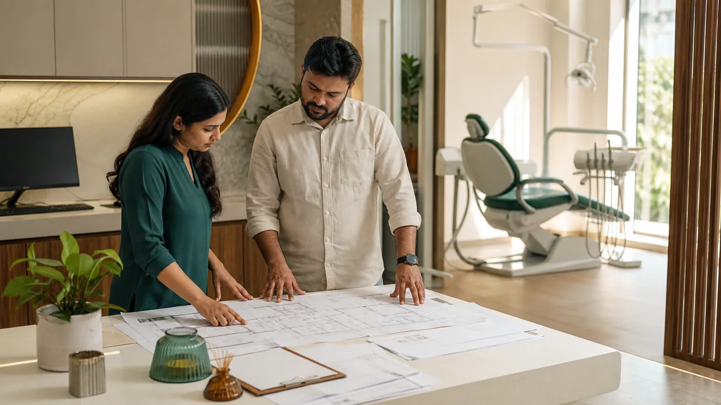 Solo dentist से multi-chair clinic तक: expansion readiness: a clinic owner and operations lead reviewing floor flow, staffing and equipment readiness on plans.