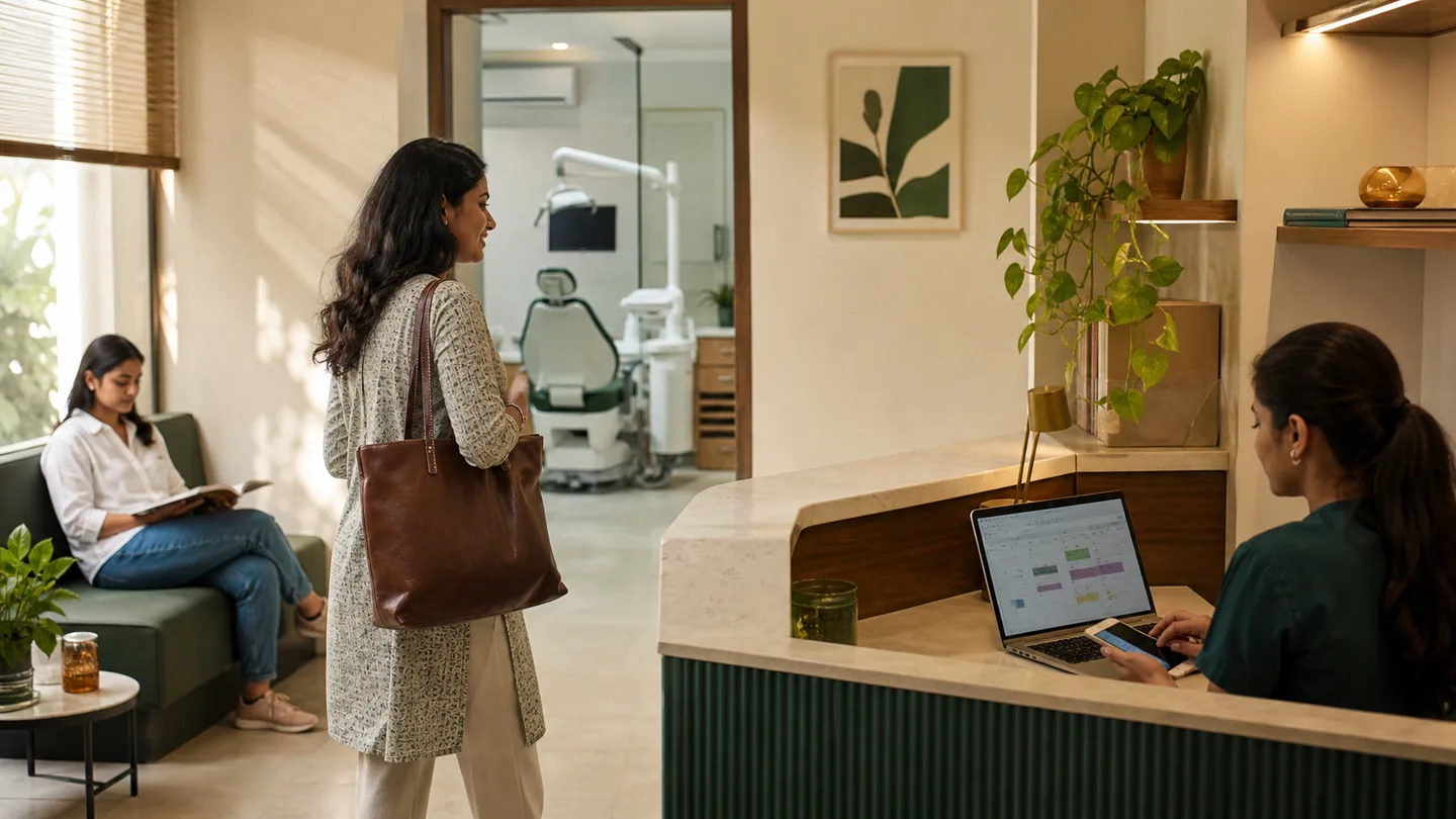 नई dental practice grow करने की step-by-step roadmap: a steady early-stage clinic day with one patient welcomed, room prepared and follow-up system in place.