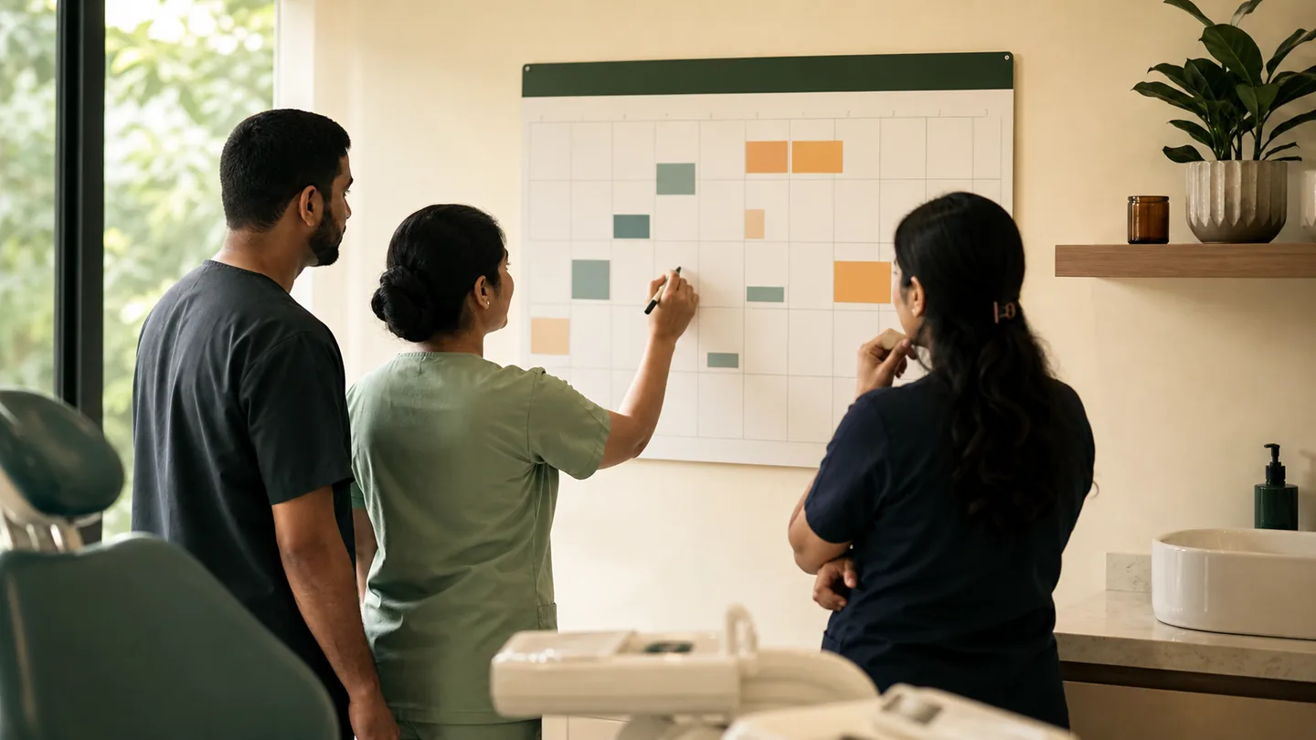 नई dental practice grow करने की step-by-step roadmap: a founderless anonymous team planning a practical 90-day clinic roadmap on a wall calendar.