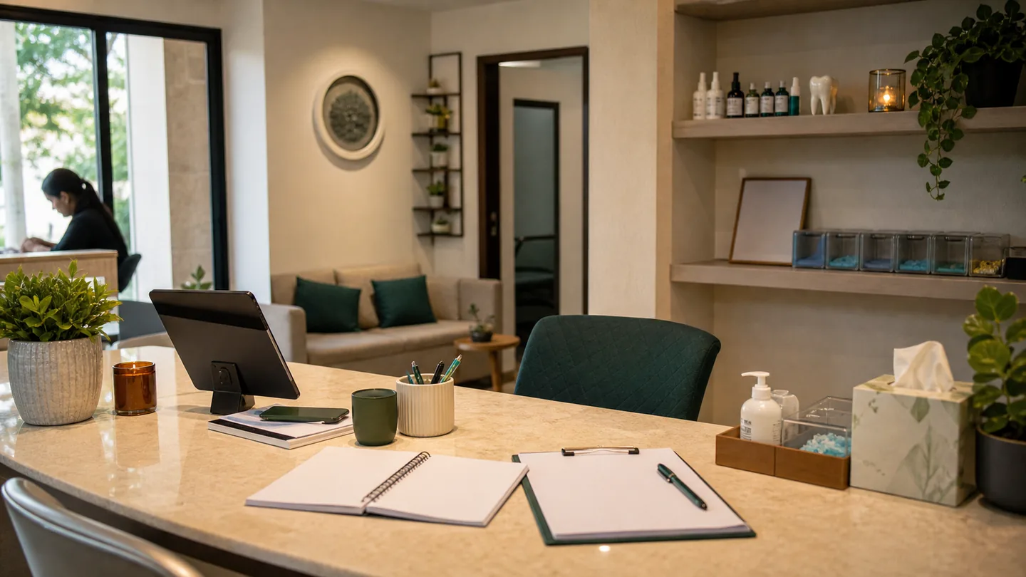 नई dental practice grow करने की step-by-step roadmap: a new clinic desk balancing setup tasks, local visibility, supplies and an initially quiet appointment diary.