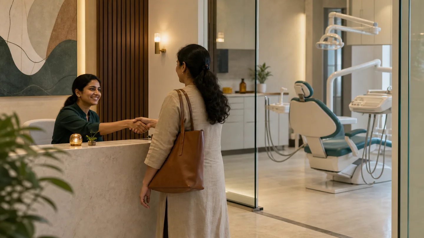 Patient no-show कैसे कम करें: respectful reminder system: an arriving patient being greeted after a successful reminder, with the treatment room ready.