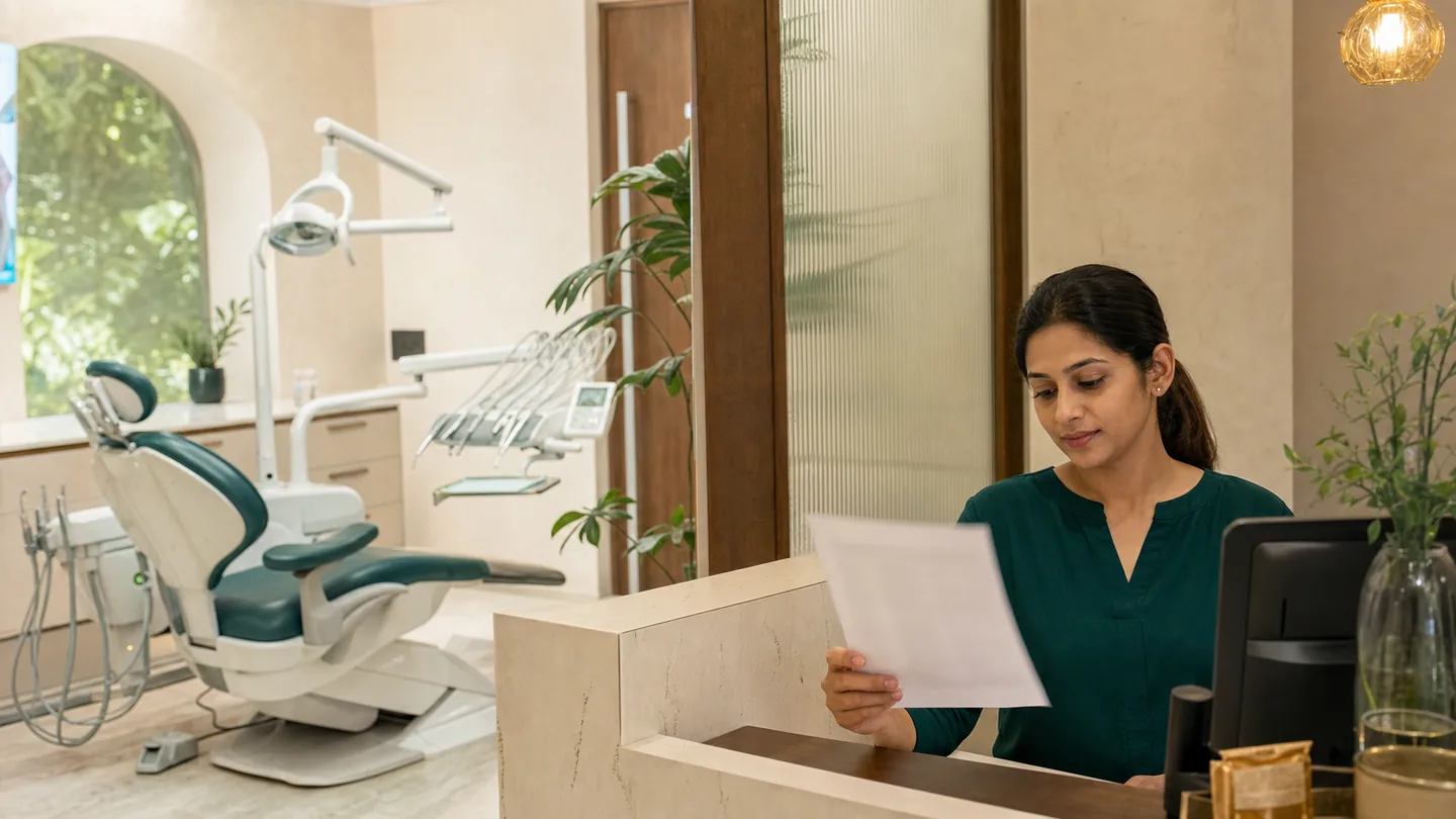 Patient no-show कैसे कम करें: respectful reminder system: an empty prepared dental chair and a receptionist calmly checking an overdue appointment on a private reminder list.