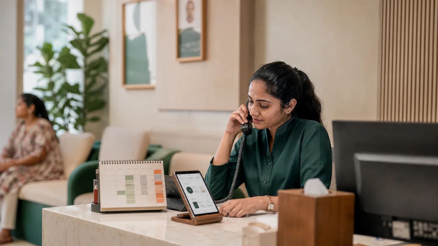 Patient no-show कैसे कम करें: respectful reminder system: a receptionist sending a respectful appointment reminder from a clinic phone beside a confirmed schedule.