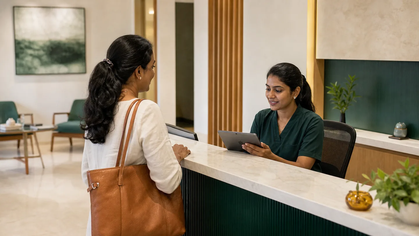 Patient Acquisition for Dental Clinics: A Practical Guide: a confirmed patient arrival with organised appointment details and a calm welcoming environment.