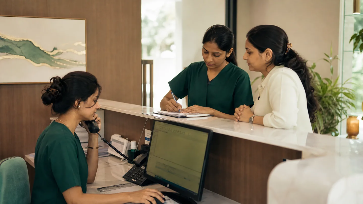 Patient Acquisition for Dental Clinics: A Practical Guide: an anonymous clinic team practising a clear enquiry-to-appointment handoff around a reception workstation.