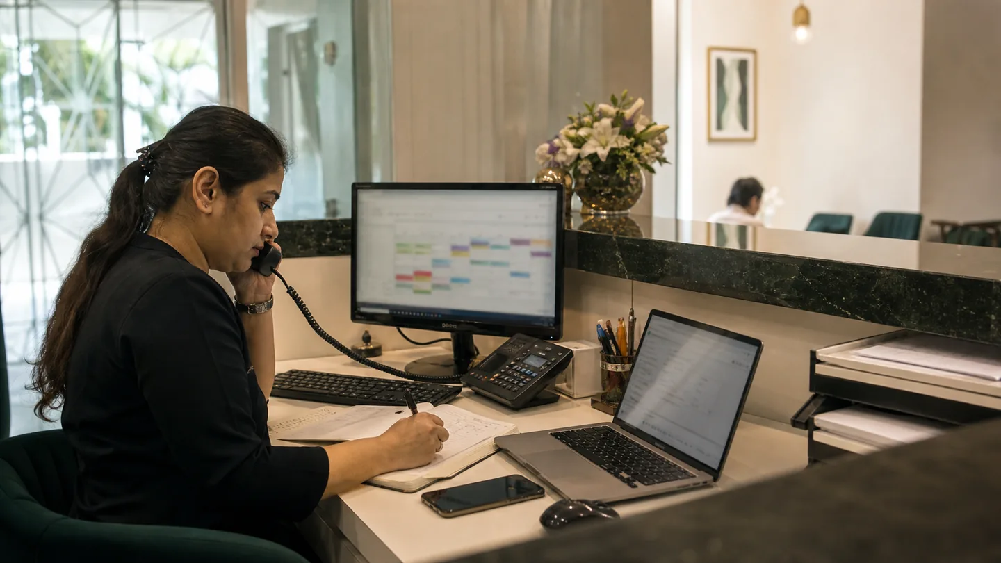Patient Acquisition for Dental Clinics: A Practical Guide: a front-desk professional switching between phone, web enquiry and appointment diary during a realistic busy period.