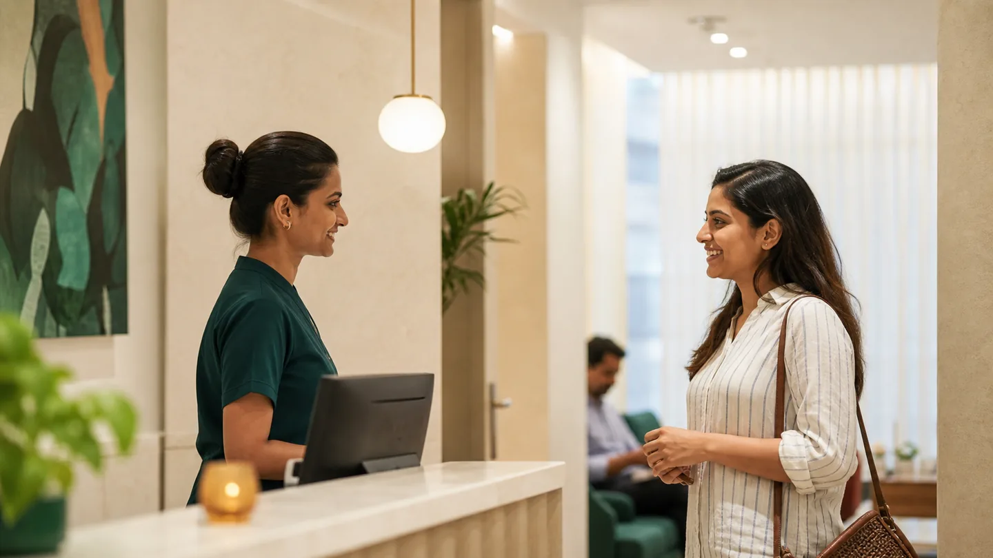 First-time patient को regular patient कैसे बनाएँ: a returning patient being recognised and welcomed at the same clinic months later, with different anonymous people.