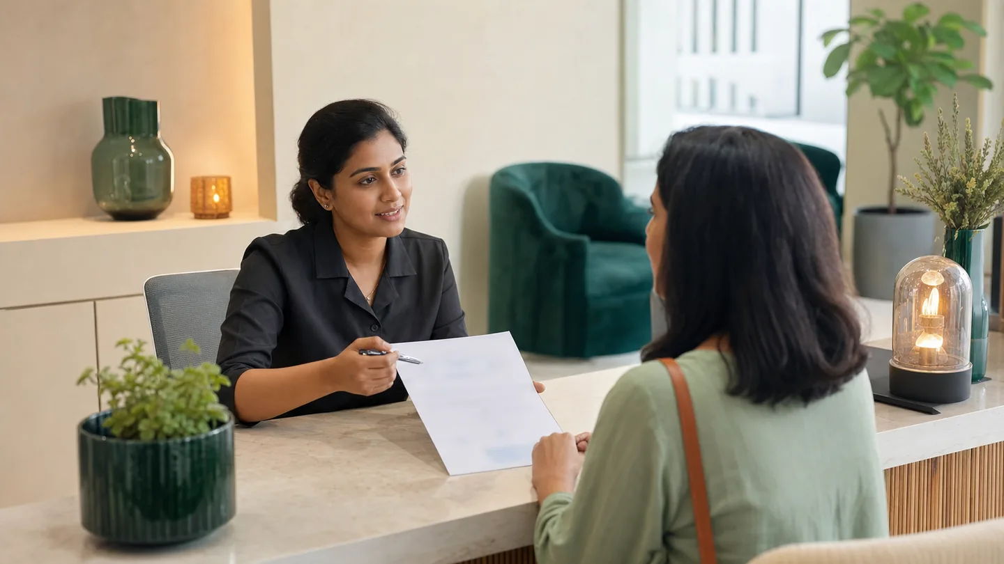 First-time patient को regular patient कैसे बनाएँ: a front-desk professional explaining a simple follow-up plan to an adult patient in a private reception corner.