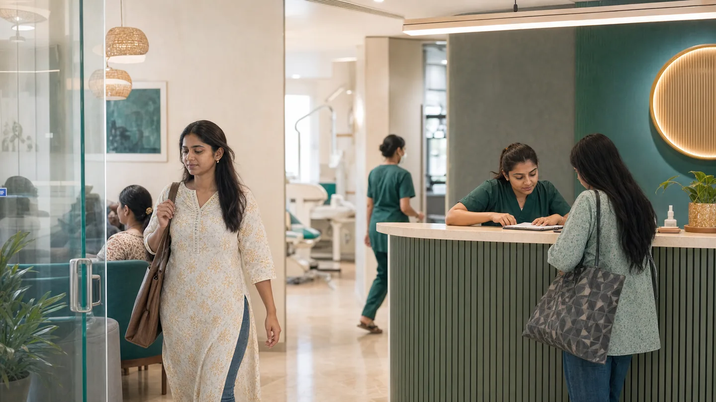 First-time patient को regular patient कैसे बनाएँ: a patient exiting after treatment without a clear next-step conversation while the reception remains busy.