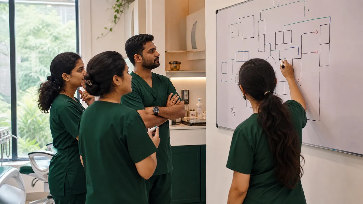 Dental Practice Growth: A Practical Systems Guide: a team mapping patient flow on a clean whiteboard during a practical improvement meeting.