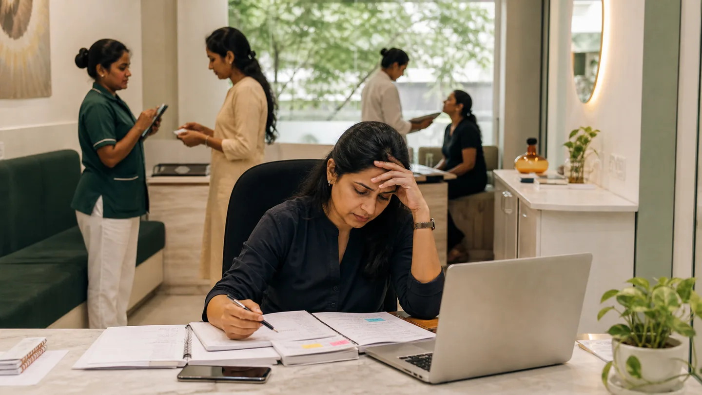 Dental Practice Growth: A Practical Systems Guide: an overextended clinic owner reviewing a crowded schedule while several operational handoffs compete for attention.