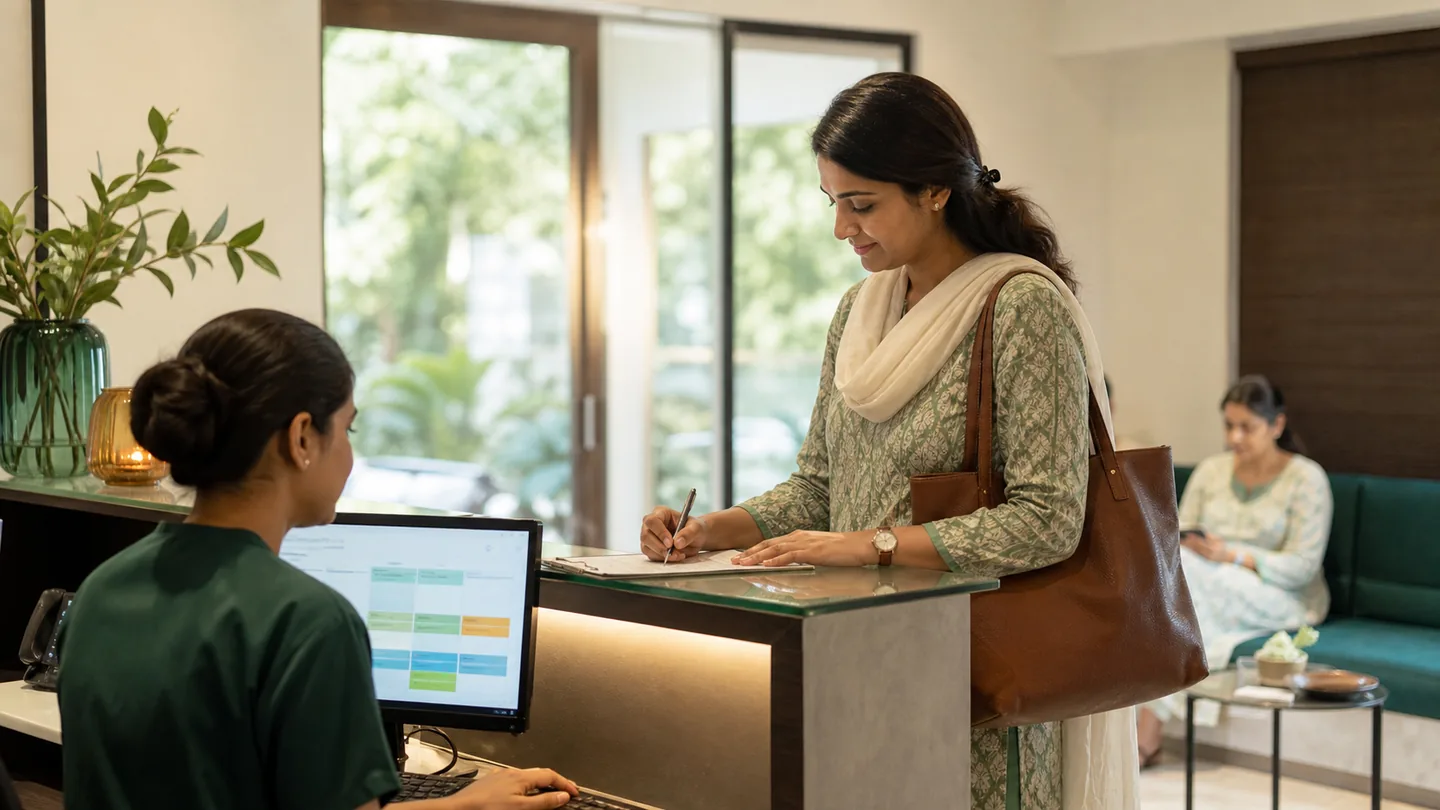 Patient follow-up और recall system कैसे बनाएँ: a returning patient checking in after a timely recall, with an organised schedule visible only as abstract blocks.