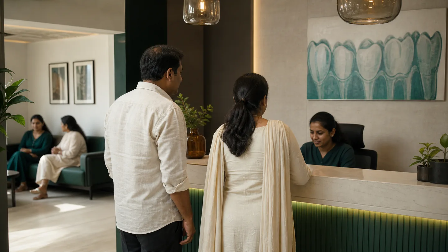 Dental practice में referrals कैसे बढ़ाएँ: an ethical system: a newly referred patient arriving with a family member at a welcoming independent dental clinic.