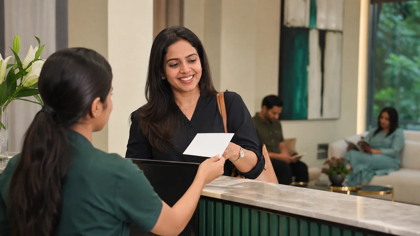 Dental practice में referrals कैसे बढ़ाएँ: an ethical system: a satisfied adult patient receiving a simple follow-up card at reception, no promotional claims or branding.