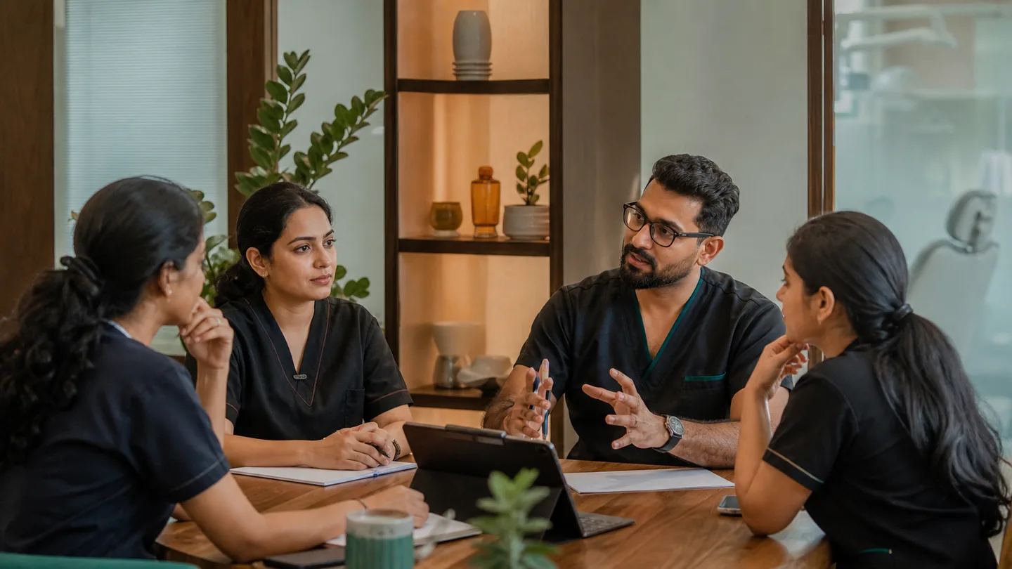 Dental practice में referrals कैसे बढ़ाएँ: an ethical system: a clinic team discussing how to request feedback respectfully without incentives or pressure.