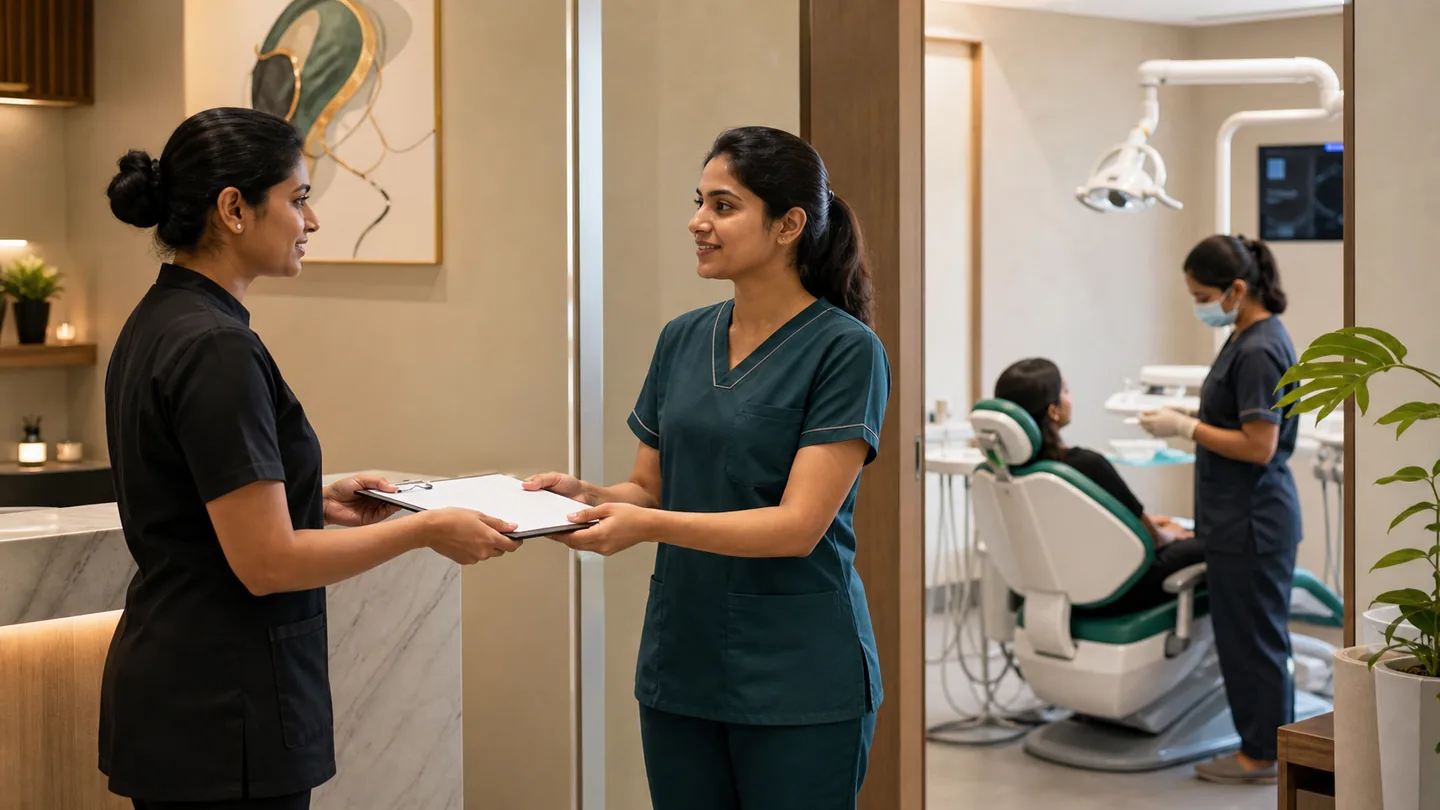Dental clinic में staff management: छोटी team को कैसे चलाएँ: a coordinated reception-to-treatment handoff with clear eye contact, prepared documents and calm teamwork.