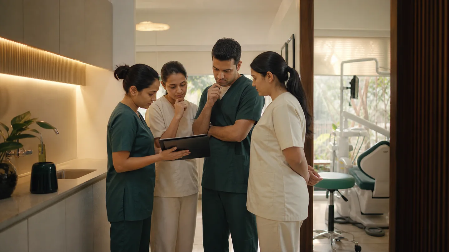 Indian dental clinic team coordinating a daily workflow
